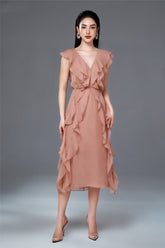 Susie V Neck Sleeveless Ruffle Formal Organza Midi Dress